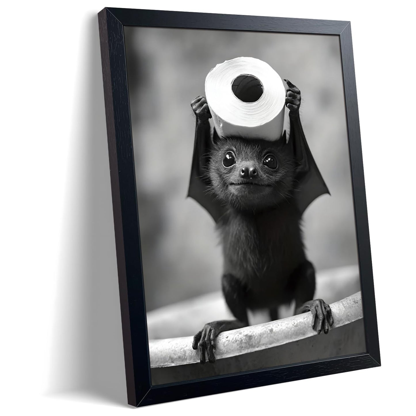 ARKZSHO Black and White Bathroom Wall Art, Funny Bats Canvas Print Poster, Cute Animal Wall Drcor Painting, Modern Farmhouse Restroom Home Decoration (Framed 10''x8'')