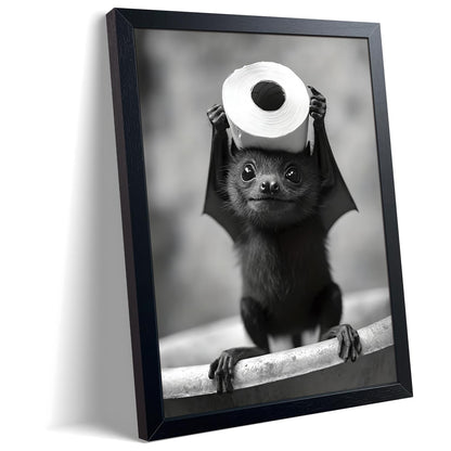 ARKZSHO Black and White Bathroom Wall Art, Funny Bats Canvas Print Poster, Cute Animal Wall Drcor Painting, Modern Farmhouse Restroom Home Decoration (Framed 10''x8'')