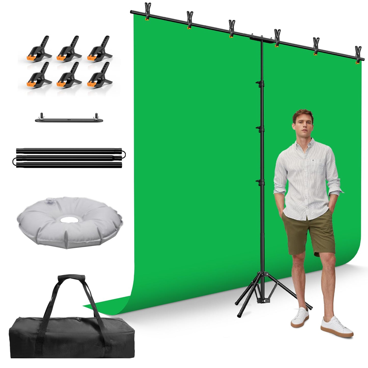 EMART Green Screen Backdrop Kit, 8.5x8.5ft Large Green Screen Backdrop with 8.8x7.5FT Reverse Folding T-Shape Tripod Stand, Spliced Crossbar Plate & 6 Clamps for Studio Shooting, Live Stream