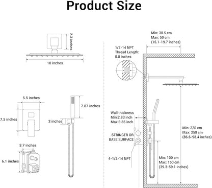 10" Square Rain Shower Faucet Set, Wall Mount, Matte Black | 304 SS , air tech boosts pressure 50%, dual spray, anti-fingerprint