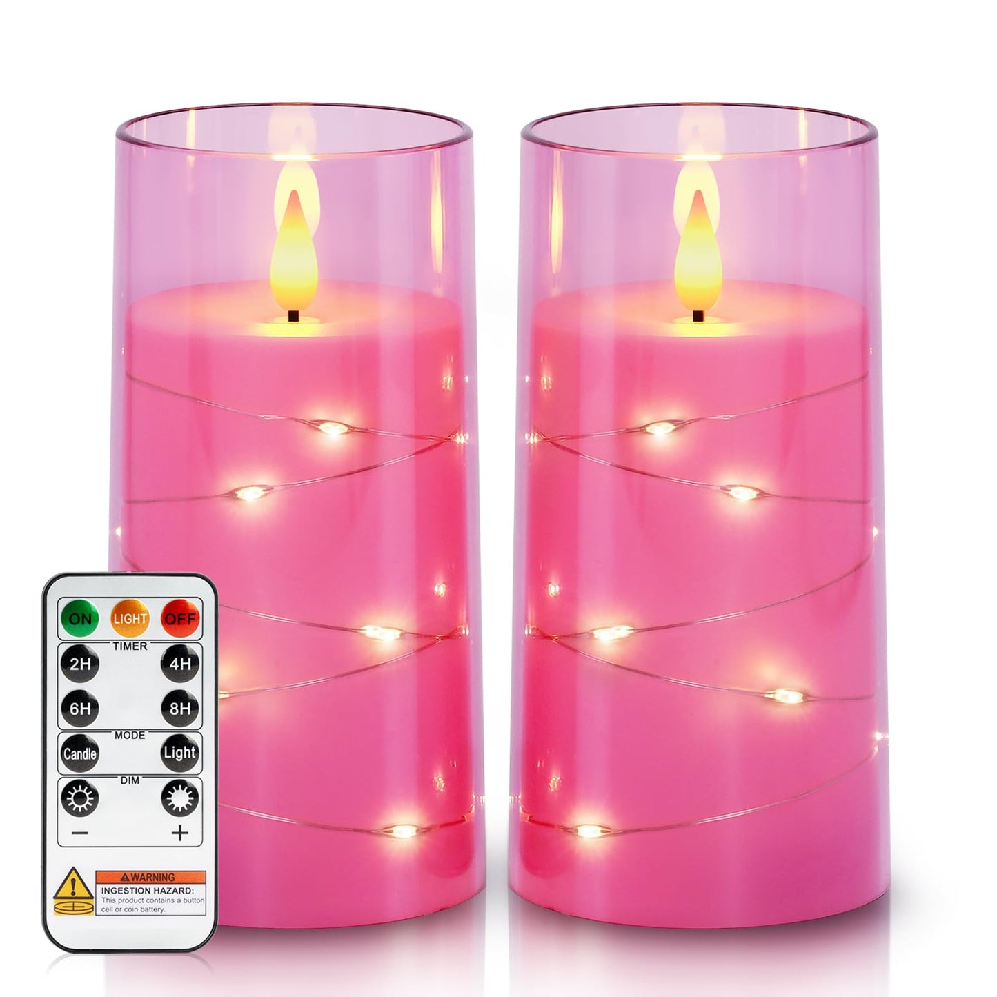 Homemory Flameless Pink Candles with Embedded Star String Fairy Lights, Battery Operated Candles, LED Candle, Fake Candles with Remote Control and Timer, Set of 2(H 6" 6")