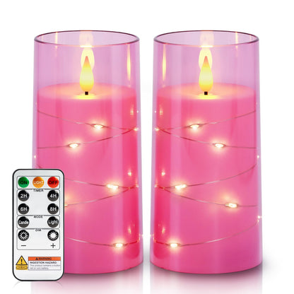 Homemory Flameless Pink Candles with Embedded Star String Fairy Lights, Battery Operated Candles, LED Candle, Fake Candles with Remote Control and Timer, Set of 2(H 6" 6")