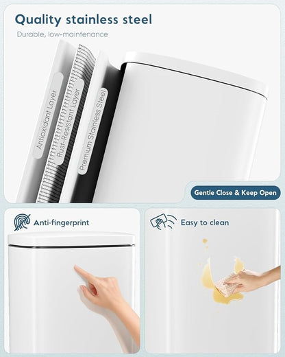 Arlopu13.2 Gallon Step Trash Can, Stainless Steel Garbage Bin, Soft-Close Rubbish Bin with Removable Plastic Inner Bucket, Fingerprint-Proof, Lid Dustbin, Suit for Kitchen Home (White, 50L)