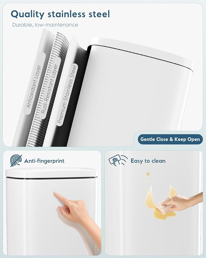 Arlopu 8 Gallon Step Trash Can, Stainless Steel Garbage Bin, Soft-Close Rubbish Bin with Removable Plastic Inner Bucket, Fingerprint-Proof, Lid Dustbin, Suit for Kitchen Home (White, 30L)