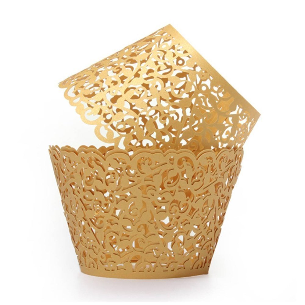 Filigree Artistic Hollow Out Bake Cake Paper Cups Little Vine Lace Laser Cut Liner Cupcake Wrappers Baking Cup Muffin Holder Case for Wedding/Birthday/Afternoon Tea Party Decoration (50, Gold)