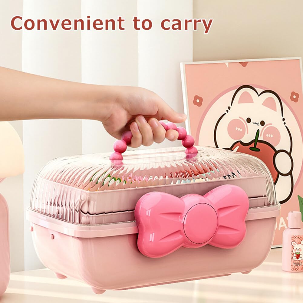 GKWW Cute Girls Hair Accessories Storage Box Bow Switch Organizer Box Jewelry Box, Plastic Hair Ties Holder Hair Clips Container Storage Box for Home, School, Office(Pink)