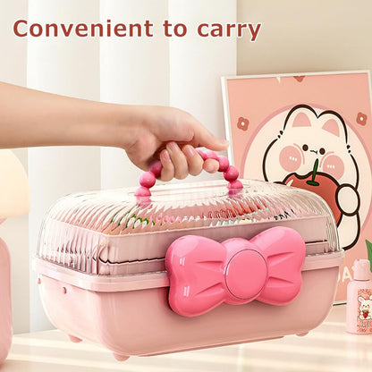 GKWW Cute Girls Hair Accessories Storage Box Bow Switch Organizer Box Jewelry Box, Plastic Hair Ties Holder Hair Clips Container Storage Box for Home, School, Office(Pink)