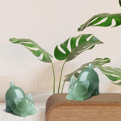 NUKAYAI 2" Green Aventurine Cat Figurine Decor Crystal Statue Carved Home Room Decor Figurines for Natural Lazy Gemstones Sculpture Handcrafted Healing Stone Office Spiritual Gifts for Cat Lovers