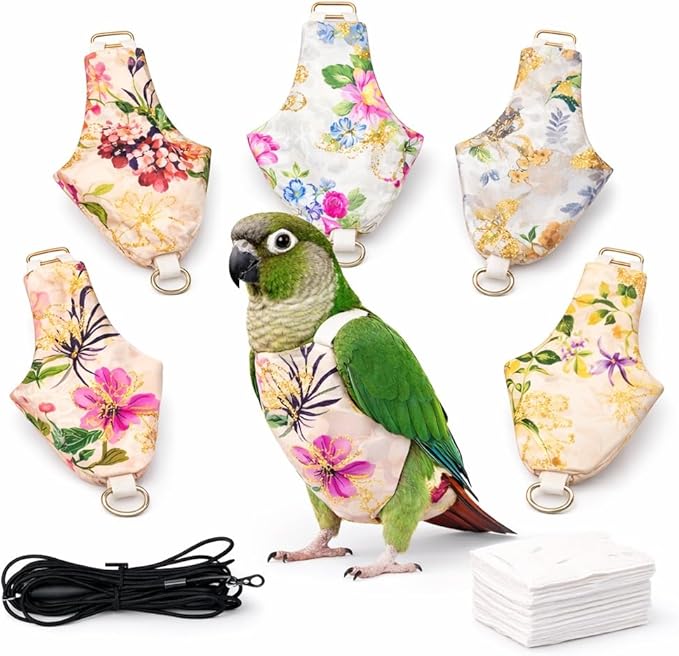 5PCS Bird Diaper Harness Set with Flight Leash and Disposable Liners, Reusable Bird Diapers for Parrots Conures Cockatiels Parakeets, Adjustable Bird Harness for Indoor Companion Birds(L)
