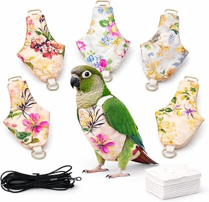 5PCS Bird Diaper Harness Set with Flight Leash and Disposable Liners, Reusable Bird Diapers for Parrots Conures Cockatiels Parakeets, Adjustable Bird Harness for Indoor Companion Birds(L)