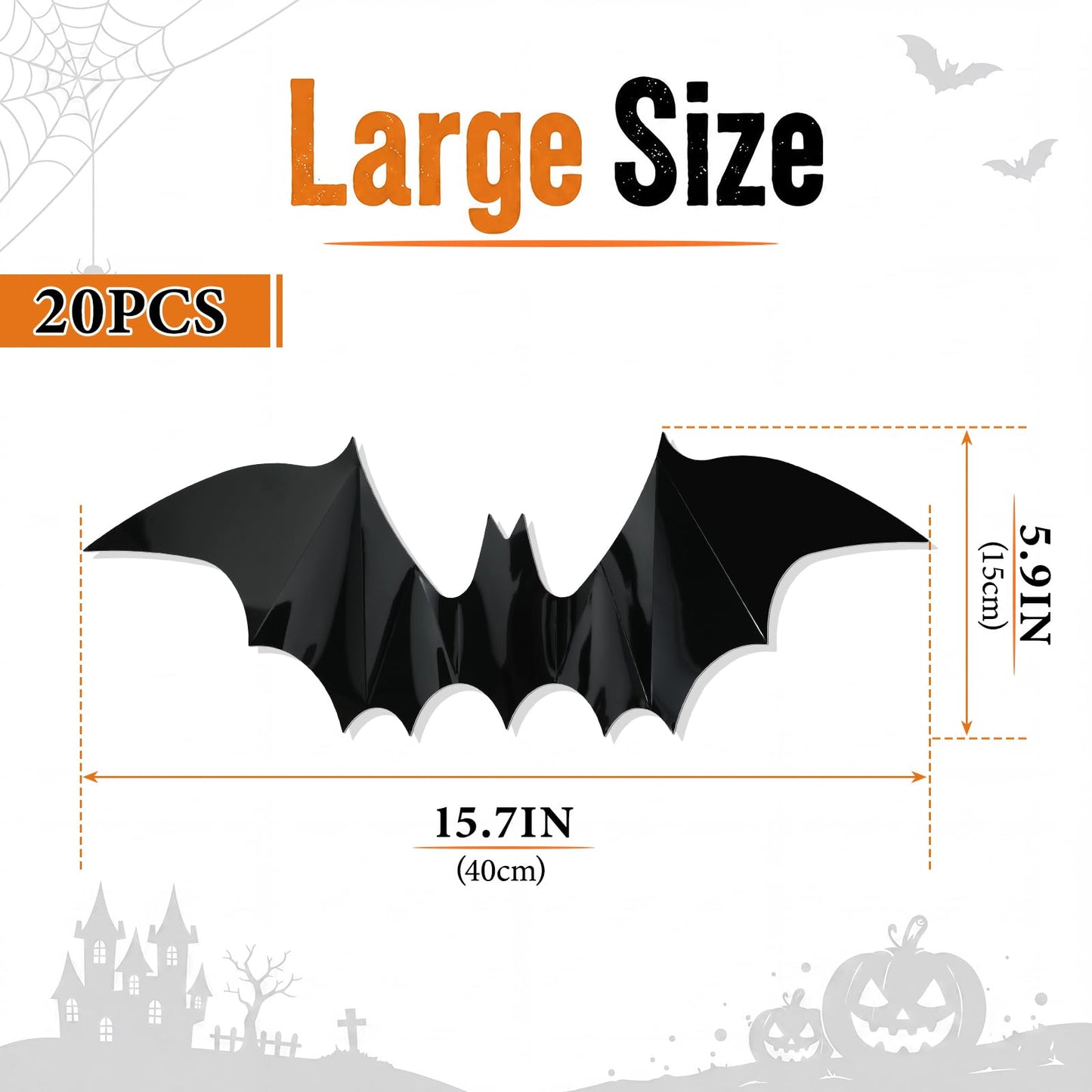 Pinkunn 20 Pcs Large Halloween Bats Wall Decor 15.7 x 5.9 Inch 3D Black Scary Wall Stickers Reusable PVC Gothic Bat Decals for Halloween Party DIY Home Window Door Decorations