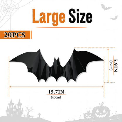 Pinkunn 20 Pcs Large Halloween Bats Wall Decor 15.7 x 5.9 Inch 3D Black Scary Wall Stickers Reusable PVC Gothic Bat Decals for Halloween Party DIY Home Window Door Decorations