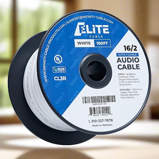 Elite 16/2 Speaker Wire 100ft, UL Listed, CMR/CL3R, (Riser/in-Wall & Outdoor/In-Ground (Direct Burial)- 100% Oxygen Free Pure Bare Copper (OFC), 16AWG/2-Conductor, 100ft Bulk Cable (65 Strands) White