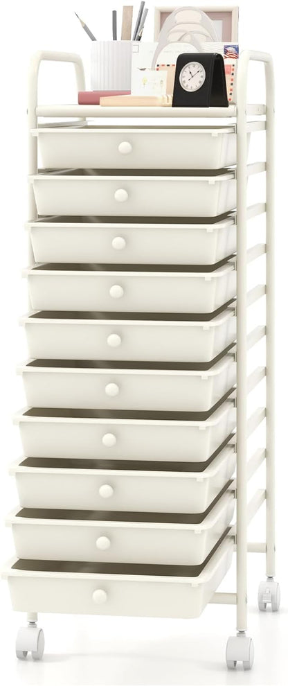 MEDIMALL 10 Drawers Rolling Storage Cart, Multipurpose Craft Storage Cart with Wheels, Mobile Tools Scrapbook Paper Organizer Cart for Office School Home Use