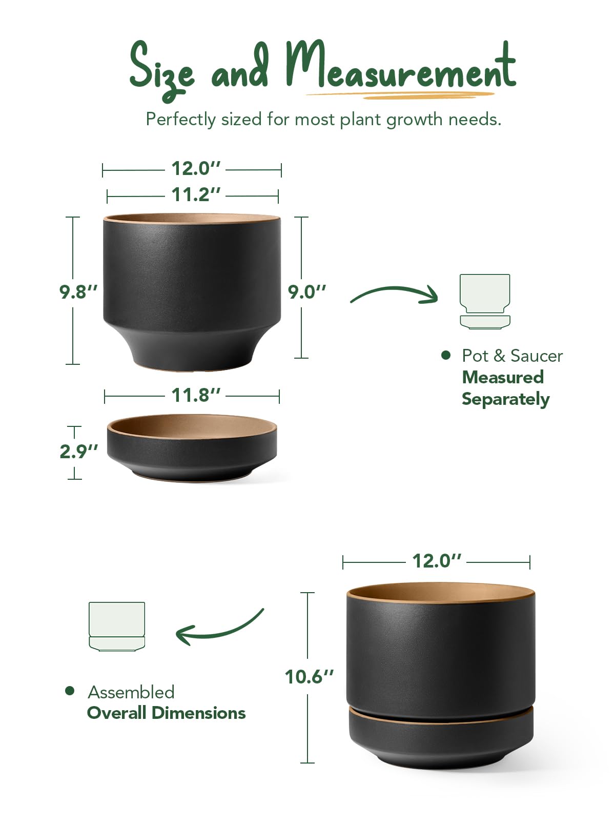 LE TAUCI 12 Inch Pot for Plants with Saucer, Ceramic Indoor Planter Pot with Drainage Hole, Mesh Pad Included, Matte Glazed Outside, Modern for Home and Office, Obsidian Black & Ochre