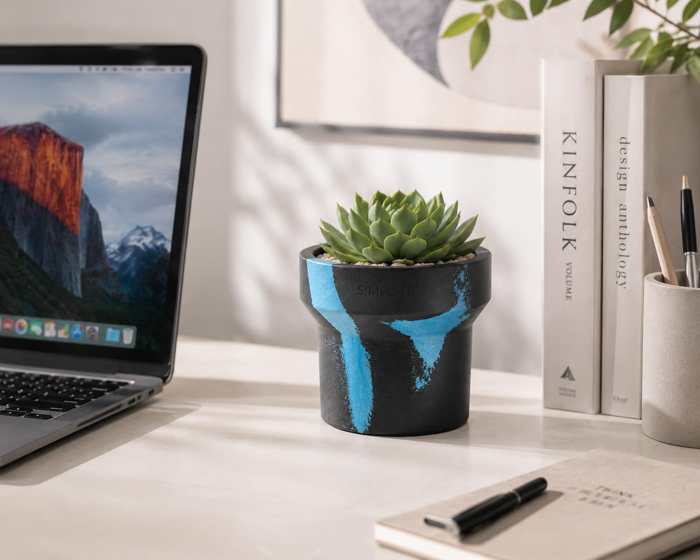ONE ART Modern Planter Pot, Stone & Recycled Ocean Plastic, Frost Proof Indoor Outdoor Plant Pot for Succulents Flowers Herbs, Unique Hand-Finished Pattern, Lightweight Minimalist Decor (Medium)