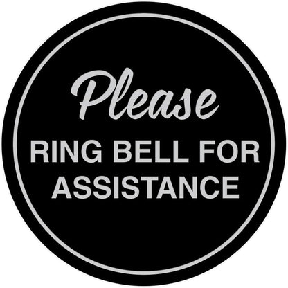 Signs ByLITA Circle Please Ring Bell For Assistance Wall or Door Sign | Easy Installation | Front Desk Reception Sign (Black/Silver) - Small (1 Pack)