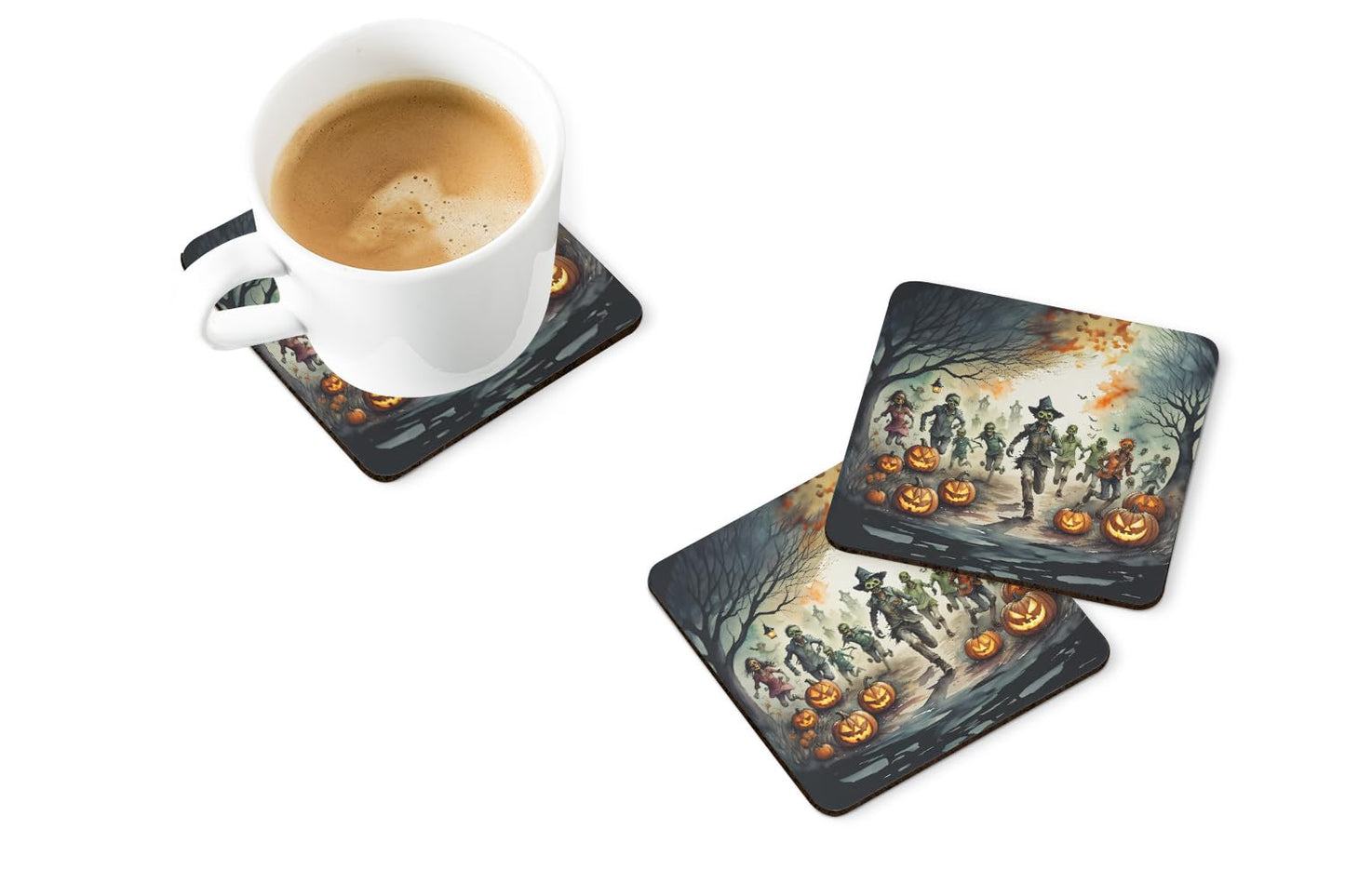 Caroline's Treasures Zombies Spooky Halloween Foam Coaster Set of 4 Cup Coasters for Indoor and Outdoor, Coaster for Tabletop Protection, Anti Slip, Mouse pad Material
