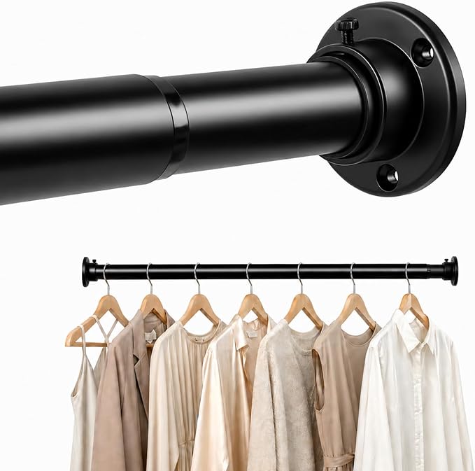 Closet Rod Adjustable 17 to 128 Inch, 1-1/4” Diameter, Closet Rods for Hanging Clothes, Stepless Metal Heavy Duty Hanging Rod for Closet Wardrobes Laundry RV (Black)