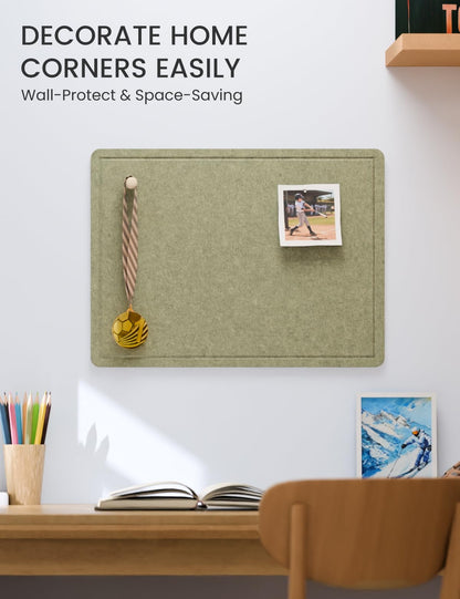Fluxynara Bulletin Board, 23.6" x 17.5" Cork Board Alternative with 12 Safe Removable Adhesive Tabs, Foldable Felt Pin Board for Home Office, Classroom, Bedroom,Entryway for Walls—Olive Green