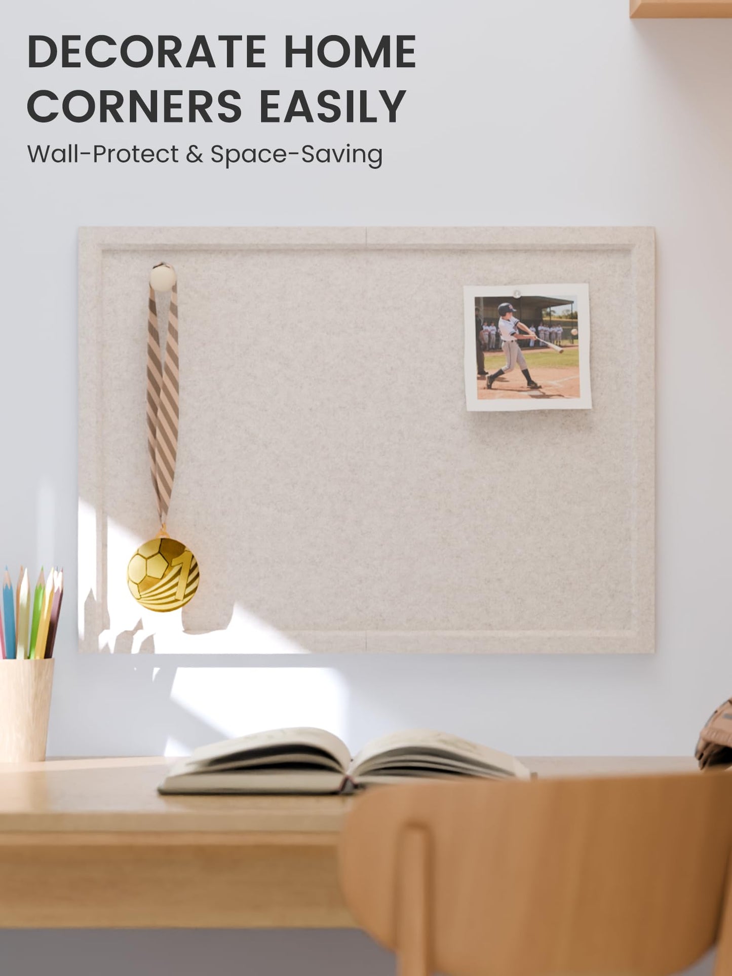 Fluxynara Foldable Cork Board Alternative, Felt Bulletin Board 23.6" x 17.5" Oatmeal Frame with 12 Adhesive Tabs, Pin Board for Home Office, Classroom, Entryway, Kitchen Wall Decor—Oatmeal