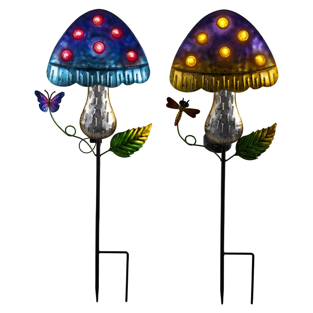 Venniy Solar Mushroom Lights for Outside 2 Pack，Mushroom Solar Lights Outdoor Metal Stakes Decorate Garden,Path,Backyard,Flower Bed,Pathway,Lawn