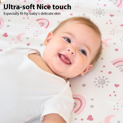 FIEMOL Baby Crib Sheets Girl, 3 Pack Toddler Bed Sheets Fitted for 52”x28” Standard Crib and Toddler Mattresses, Super Soft Microfiber Pink Rainbow