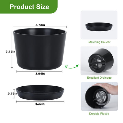 Oliz 4.7 Inch Plastic Plant Pots 8 Pack, Round Classic Planters with Drainage Holes and Saucers for Indoor Outdoor Plants, Perfect for African Violet, Snake Plant, Succulents (Black)