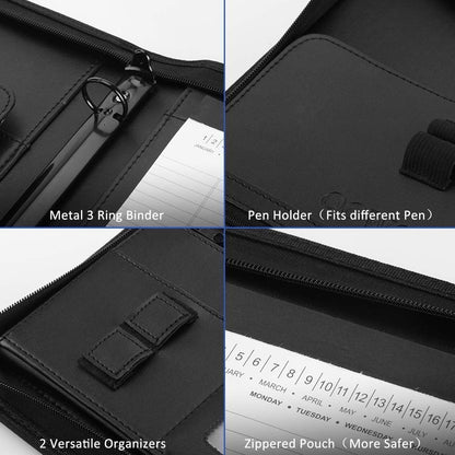 OOWOLF Padfolio Portfolio Folder, PU Leather Professional with Round Ring Binder 8.5 x 11 Inch Writing Pad Tablet Sleeve Interview Resume Document Organizer Business Card Holder Zippered Closure