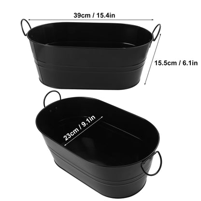 Biugaaufai 2 PCS 15.3 x 9 x 6 inches Black Metal Galvanized Tub with Handles, 3 Gallon Galvanized Beverage Tubs for Parties, Large Metal Drink Ice Buckets for Beer, Wine, Cocktails & Outdoor Events
