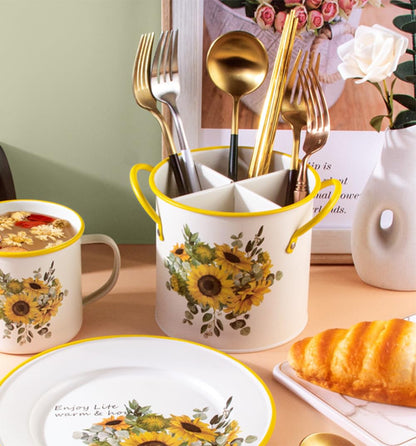 Metal Utensil Holder,Sunflower 4 Compartments Organizer Utensil Crock