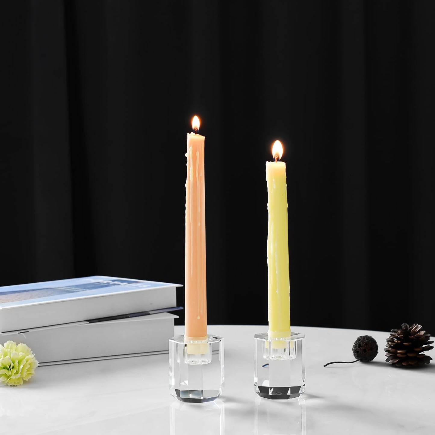 DONOUCLS Crystal Candle Holders Pack of 2, Clear Crystal Tapered Candlesticks Holders, Tabletop Centerpiece Home Decor(2.4in Tall)
