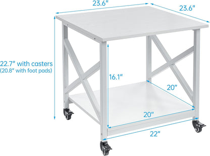 23.6 x 23.6 Inches Large Printer Stand, 2 Tier Square Printer Table with Storage Shelf for Home Office, Multi-use Rolling Cart with Wheels for Laser, 3D Printer and Mini Fridge - White