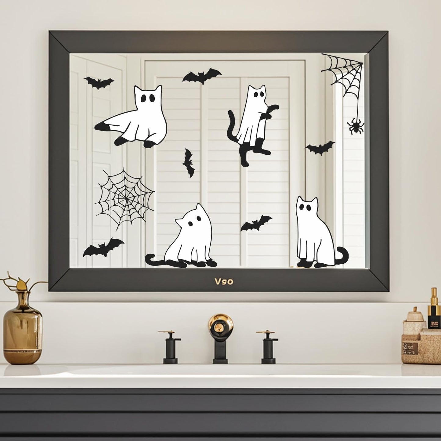 IARTTOP Happy Halloween Window Clings Sticker (100x30cm) Ghost Boo Wall Decals Spider Web Bat Window Stickers Halloween Black Cats Double Sided Decals for Glass Party Home Decoration