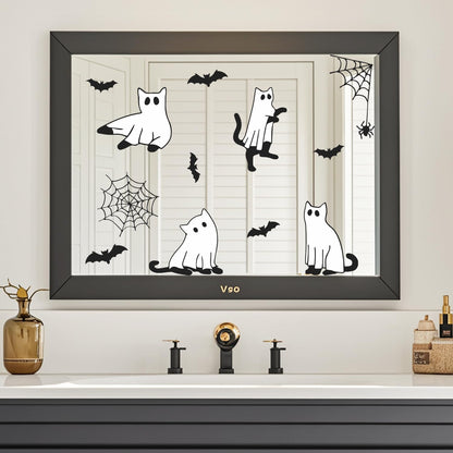 IARTTOP Happy Halloween Window Clings Sticker (100x30cm) Ghost Boo Wall Decals Spider Web Bat Window Stickers Halloween Black Cats Double Sided Decals for Glass Party Home Decoration