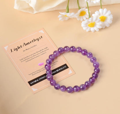 AD Beads Handmade Gemstone Stretch Elastic Bracelet Crystal Healing Reiki Nature's Beauty and Spiritual Essence Unisex (8mm, Purple Amethyst)