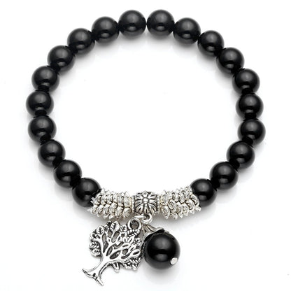 Jovivi 8MM Natural Black Agate Onyx Gemstone Healing Point Tree Life Lucky Charm Stretch Bracelet