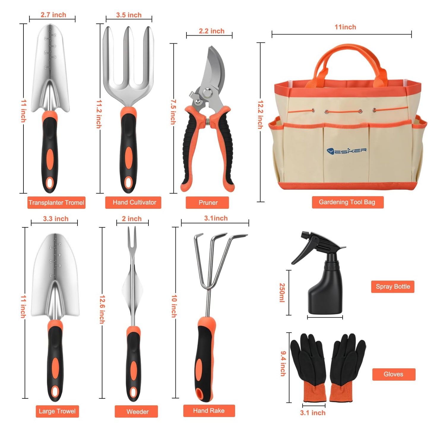 Yesker Gardening Tools 9-Piece Heavy Duty Garden Tool Set Gardening Supplies Gifts for Women Men Gardening Hand Tool Kit with Non-Slip Ergonomic Handle, Garden Bag, Durable Gloves and Shears, Orange