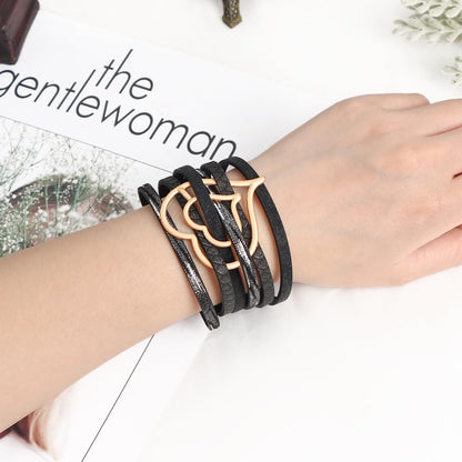 Boho PU Leather Wrap Bracelets for Women Bohemian Heart Multi-Layer Bangle Bracelets Jewelry Gift for Women- Black