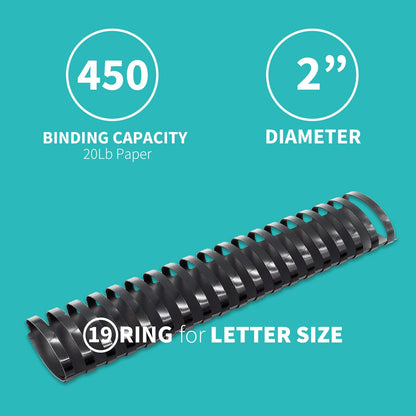 Binditek 50 Pack Plastic Binding Comb Spines, 2 Inch Diameter, 450 Sheet Capacity, 19 Ring, for Letter Size, Black, for Students and Coworkers