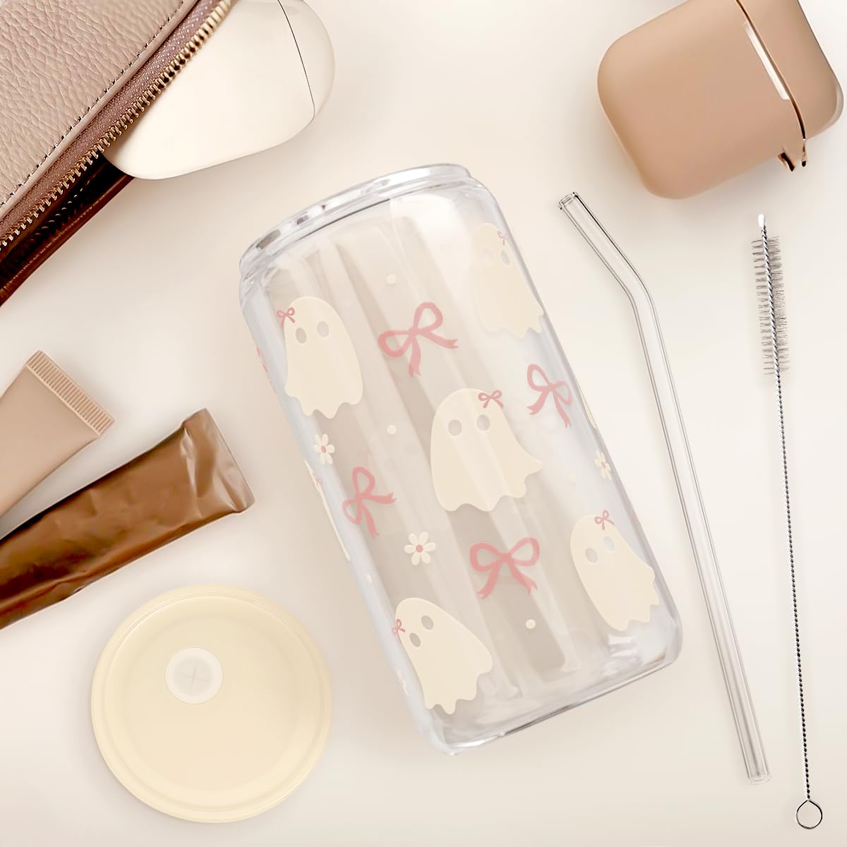 SANDJEST Halloween 16oz Can Glass Tumbler with Acrylic Lid & Straw, Iced Coffee Cup for Women Girls, Aesthetic Cups Gifts for Party