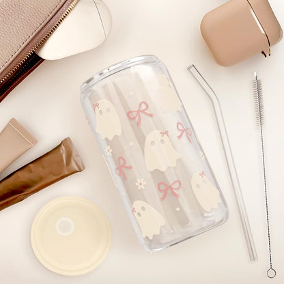 SANDJEST Halloween 16oz Can Glass Tumbler with Acrylic Lid & Straw, Iced Coffee Cup for Women Girls, Aesthetic Cups Gifts for Party