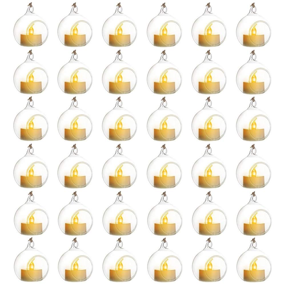 Sziqiqi Hanging Glass Globes Orbs Tea Light Candle Holders with Flameless LED Tealight for Wedding Ornaments, Wedding Birthday Christmas Party Centerpiece Accessory 2.36inch 30pcs +6 Extra