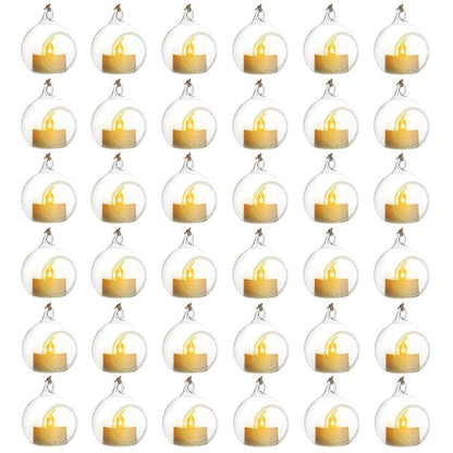 Sziqiqi Hanging Glass Globes Orbs Tea Light Candle Holders with Flameless LED Tealight for Wedding Ornaments, Wedding Birthday Christmas Party Centerpiece Accessory 2.36inch 30pcs +6 Extra