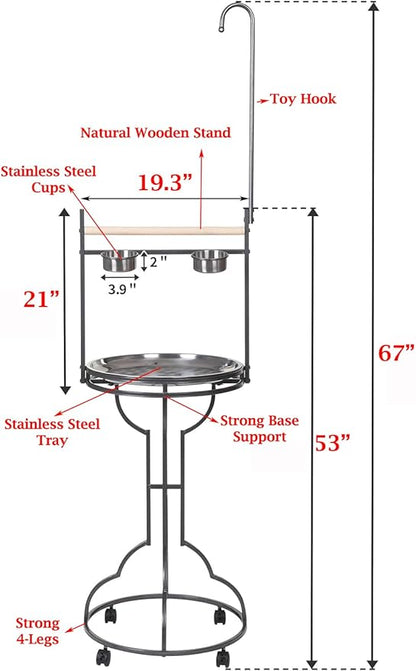 Elegant Design Wrought Iron Parrot Cockatiel Cockatoo Bird Play Perch Gym Ground Rolling Stand with Removable No Rust Stainless Steel Pan and Feeder Cups