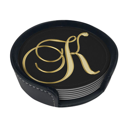 Famame 6 Pcs Letter K Alphabet Gold Print Leather Coasters for Drinks with Holder Coaster Sets Drink Table Cup Coasters for Living Room Kitchen Coffee Decor