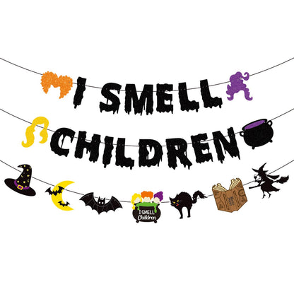 JOZON Black Glittery I Smell Children Banner with Witches Pot Signs Halloween Hocus Pocus Witches Garland Banner Halloween Holiday Haunted House Party Decorations for Mantle Fireplace Wall
