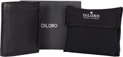 DiLoro Mens Wallet RFID Blocking Genuine Full Grain Leather Bifold Wallet with Flip ID Coin and Secure Zip Compartment Extra Large (Black Nappa)