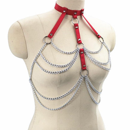 Adjustable Gothic Chest Chain for Women, Punk Faux Leather Body Chain Harness Waist Belt, Alternative Body Waist Chain Belly Bra Body Chain for Women (Red Chest Band)