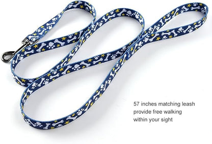 Ihoming Dog Collar and Leash Set for Daily Outdoor Walking Running Training, Bone Design for Medium Boys Girls Dogs Cats Pets, M-Up to 45LBS